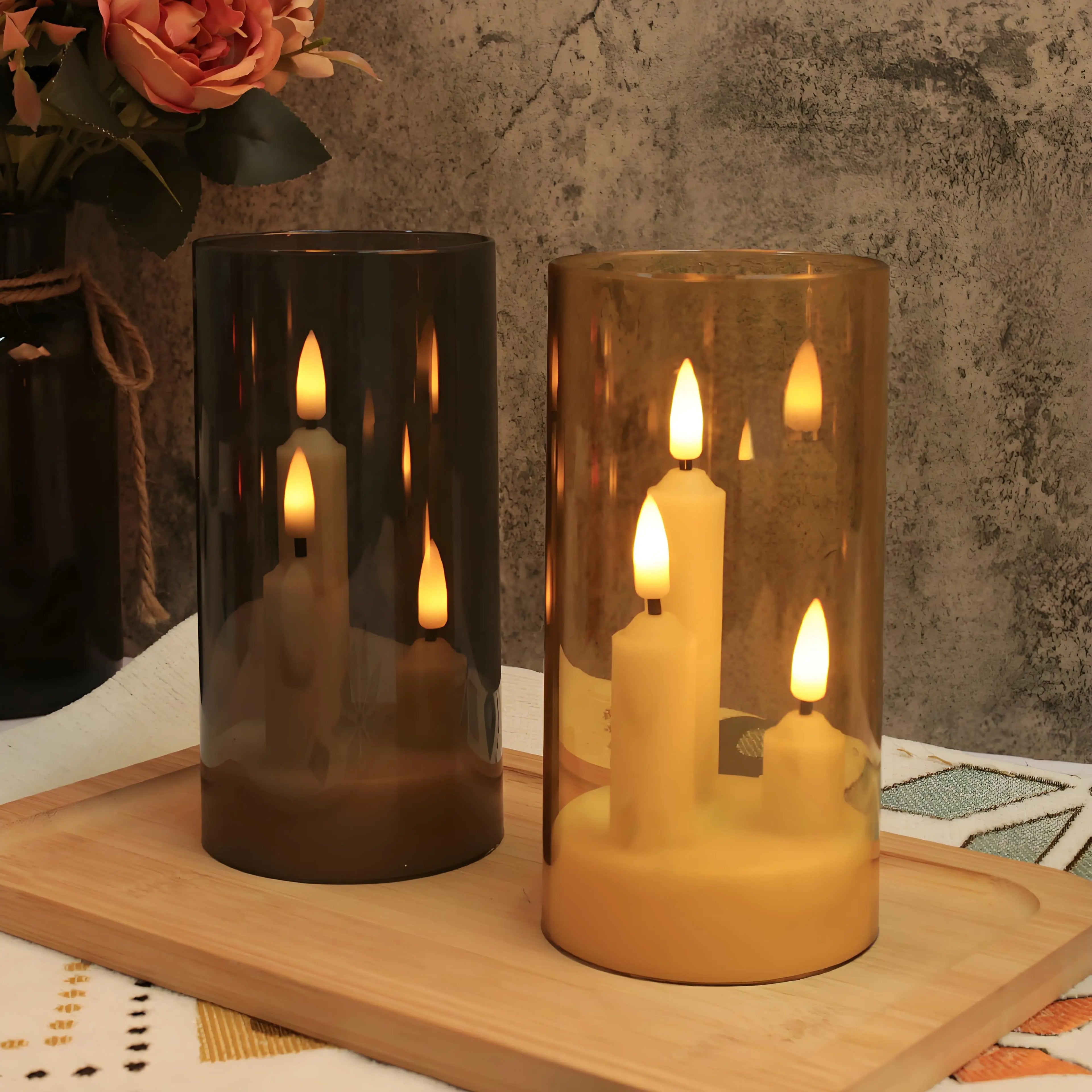LED Kerzen Set 3-teilig (5/8/10 cm) - Flammenlose Kerzen mit Flackereffekt und Lampenschirm