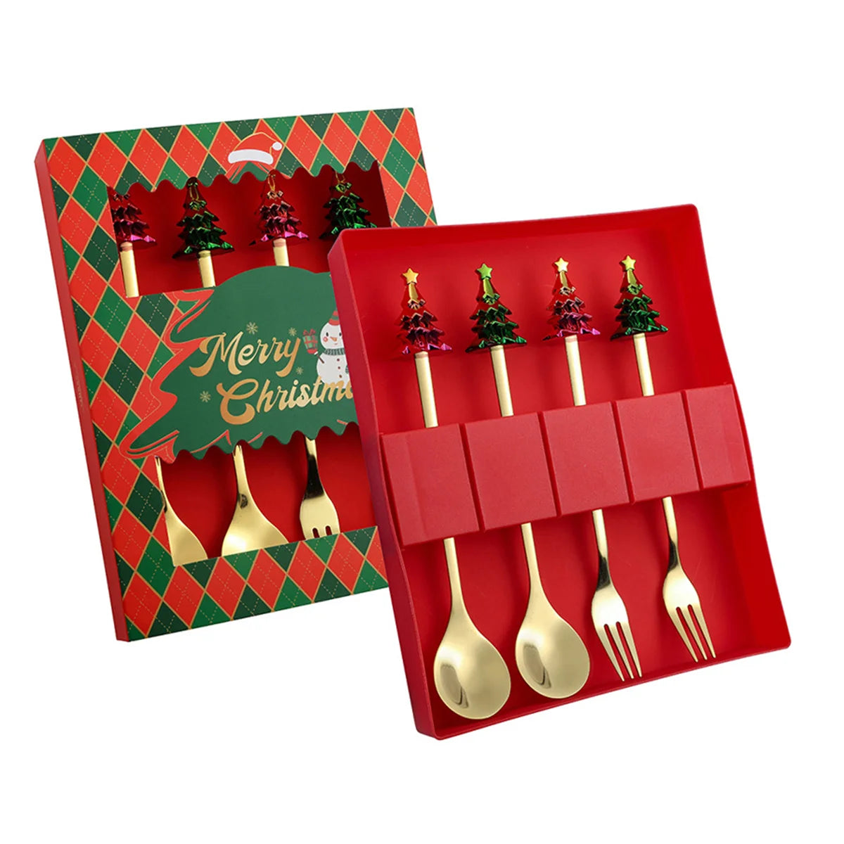 Weihnachtsbesteck 4-teilig Edelstahl - Festliche Löffel & Gabel mit Weihnachtsmotiven