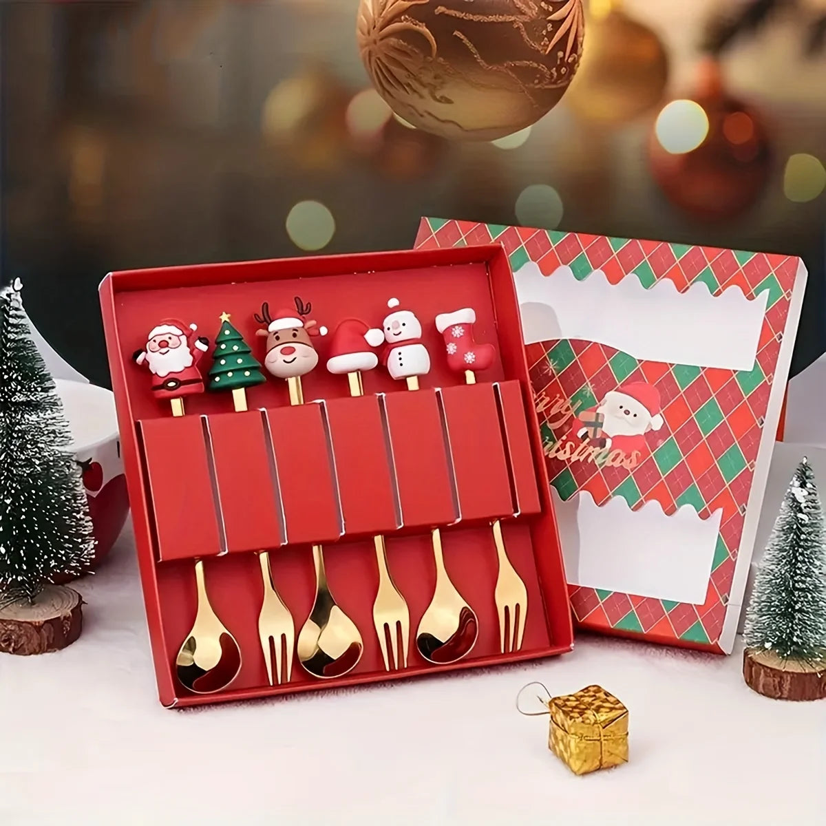 Weihnachtsbesteck Set 2/4/6-teilig Edelstahl - Kreative Dessertgabeln & Kaffeelöffel Geschenkset
