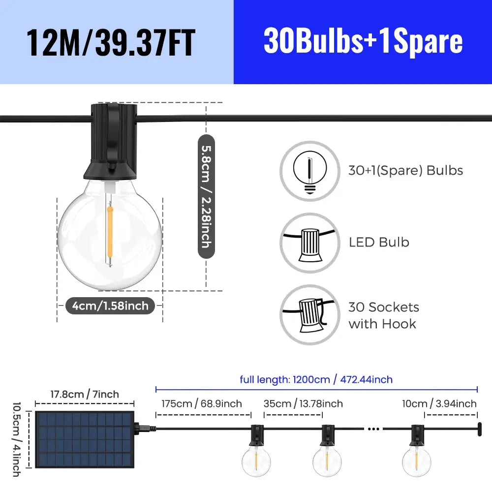 G40 LED-Solar-Lichterkette in Warmweiß mit Fernbedienung und 8 Blinkmodi – einstellbare Helligkeit, wetterbeständig für Ga Wunderweltdeko