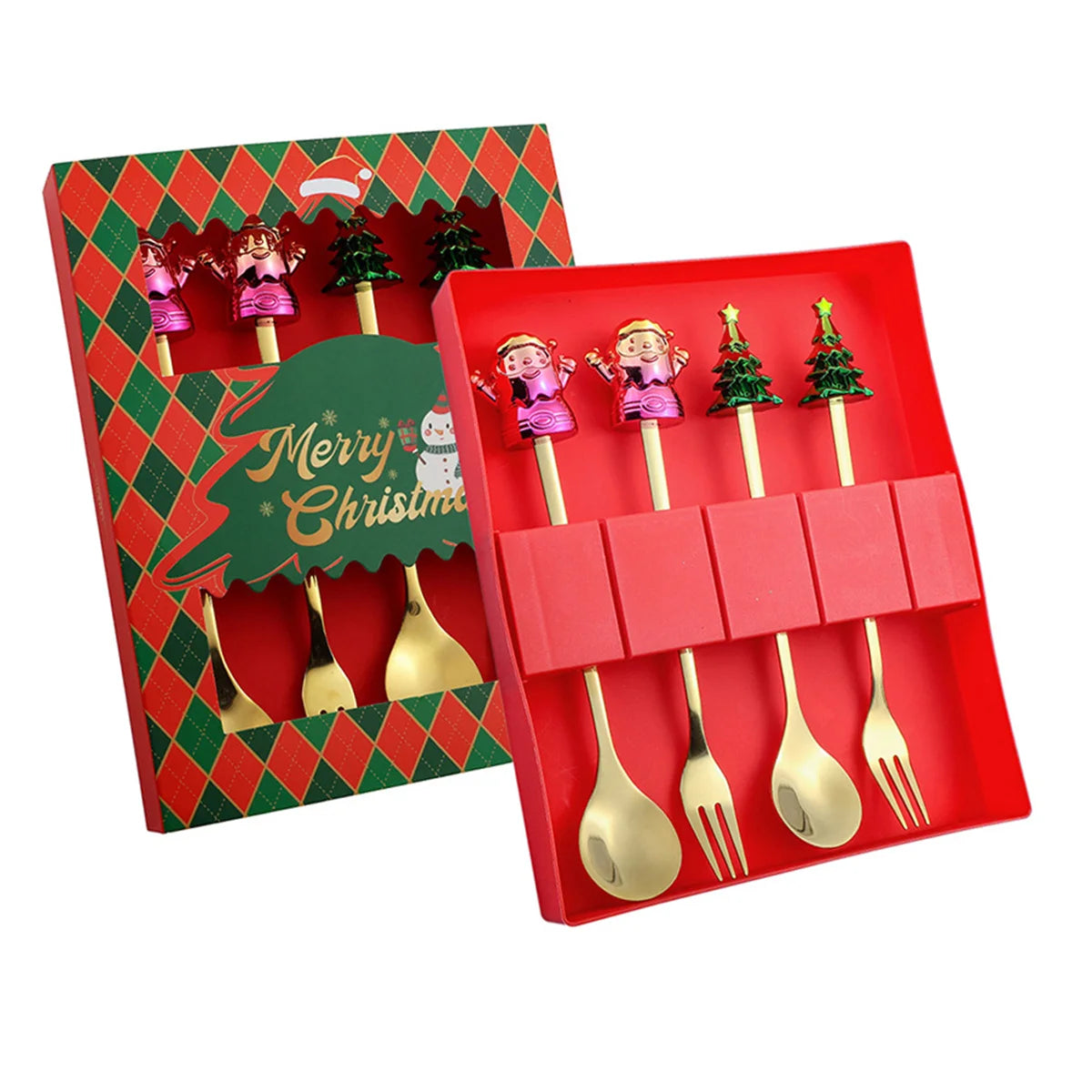 Weihnachtsbesteck 4-teilig Edelstahl - Festliche Löffel & Gabel mit Weihnachtsmotiven