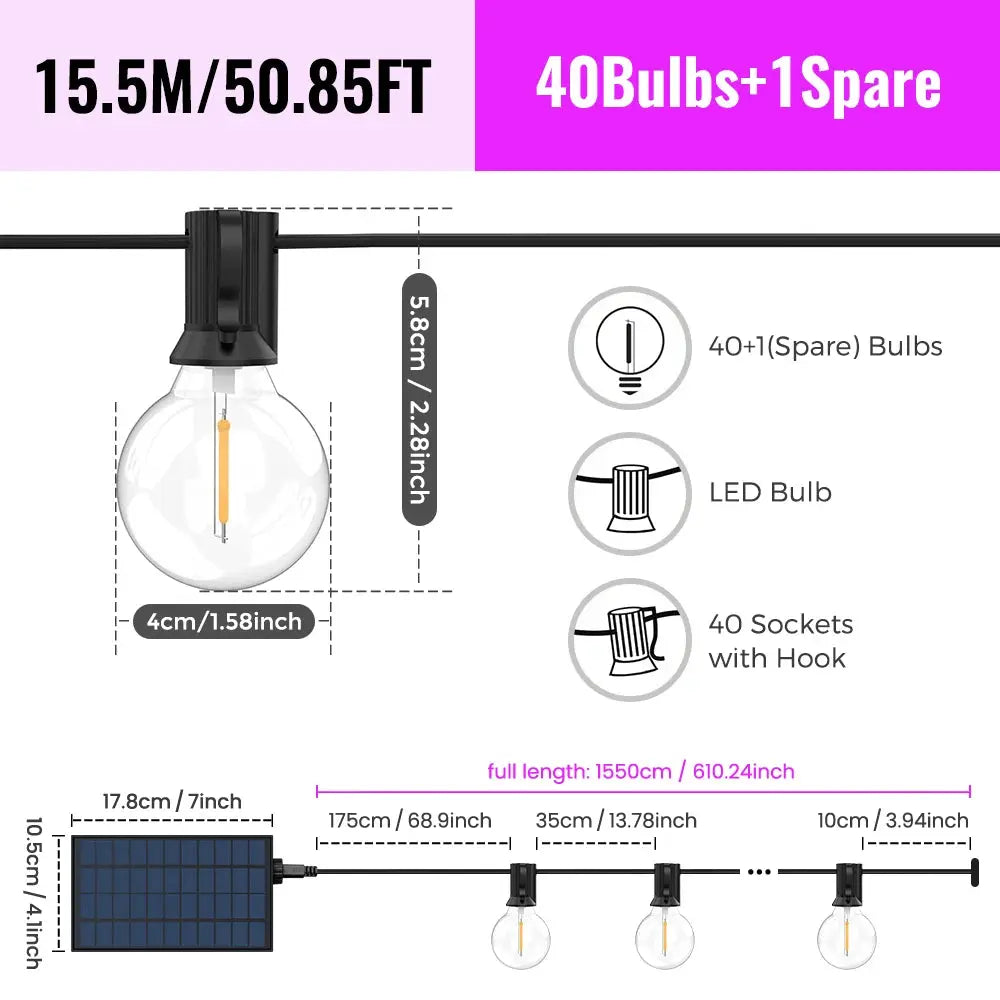 G40 LED-Solar-Lichterkette in Warmweiß mit Fernbedienung und 8 Blinkmodi – einstellbare Helligkeit, wetterbeständig für Ga Wunderweltdeko