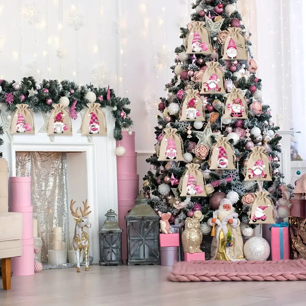 12-teiliges Set, 13 x 18 cm, neue Weihnachts-Geschenktüten aus Leinen mit Kordelzug, Schmuck-Geschenktüten, Party-Geschenkbeutel mit Kordelzug in zufälligen Mustern Wunderweltdeko