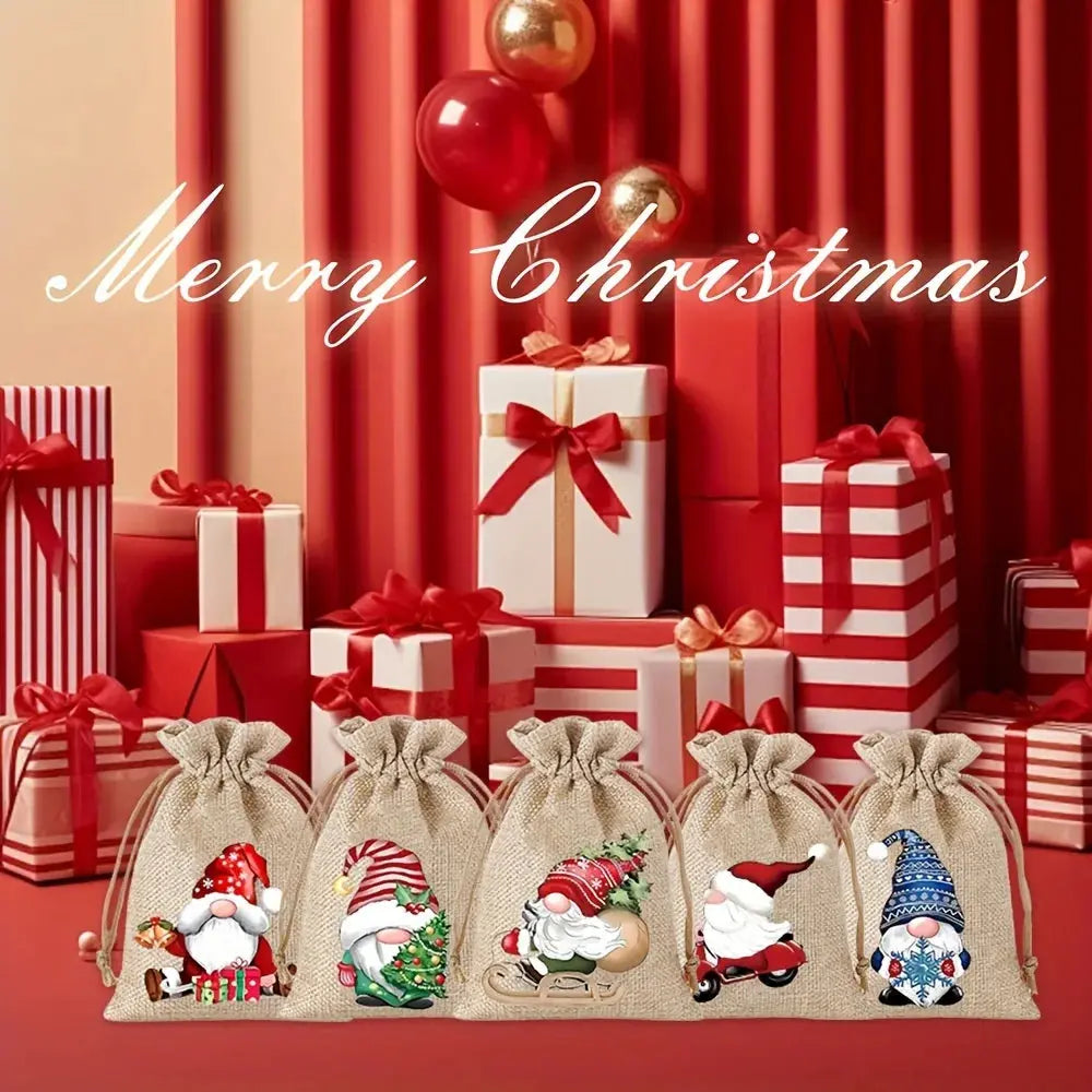 12-teiliges Set, 13 x 18 cm, neue Weihnachts-Geschenktüten aus Leinen mit Kordelzug, Schmuck-Geschenktüten, Party-Geschenkbeutel mit Kordelzug in zufälligen Mustern Wunderweltdeko