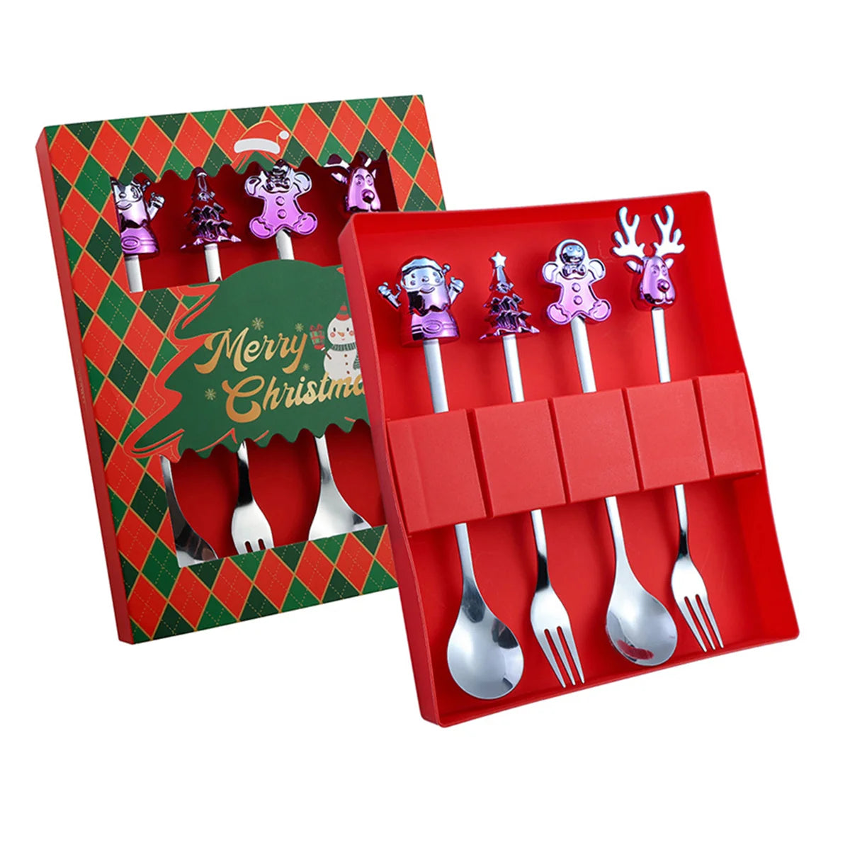 Weihnachtsbesteck 4-teilig Edelstahl - Festliche Löffel & Gabel mit Weihnachtsmotiven