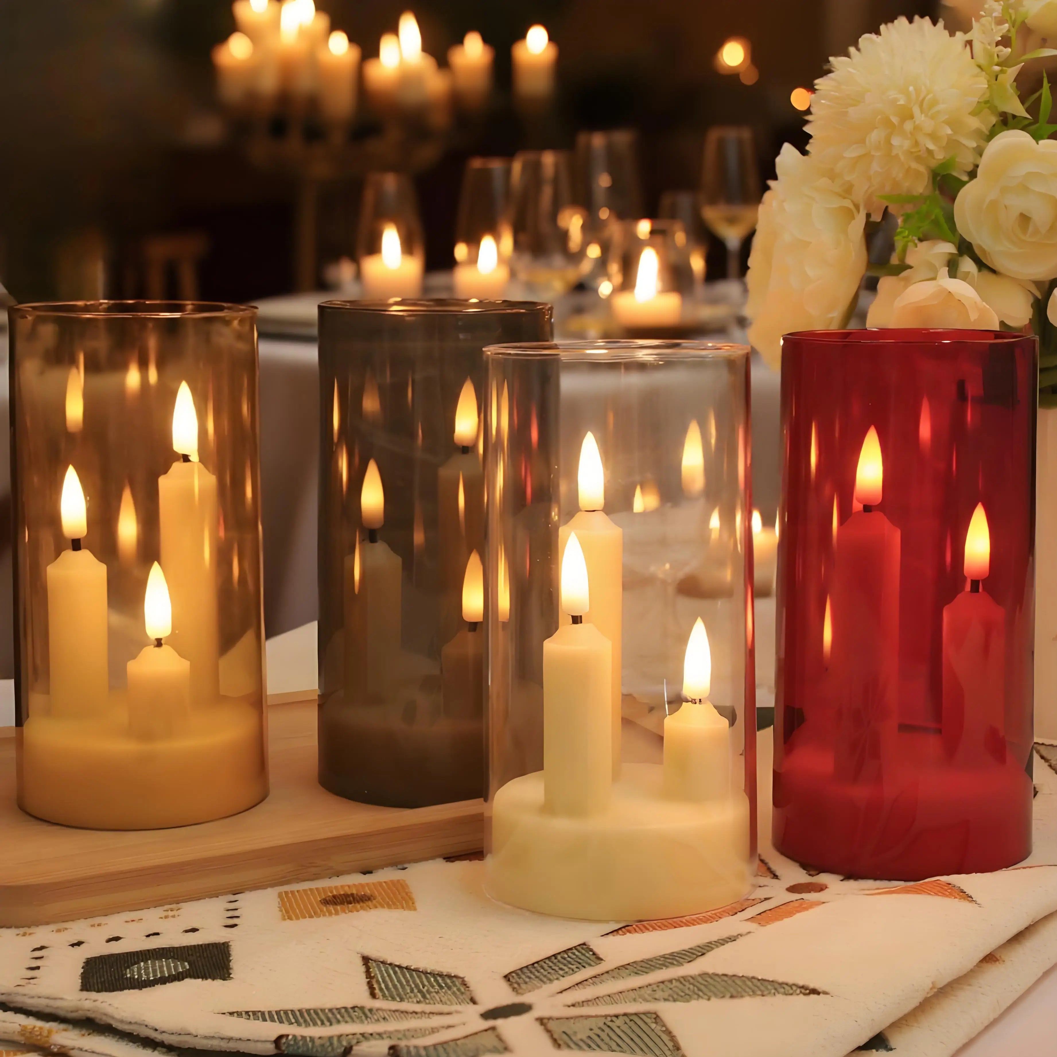 LED Kerzen Set 3-teilig (5/8/10 cm) - Flammenlose Kerzen mit Flackereffekt und Lampenschirm