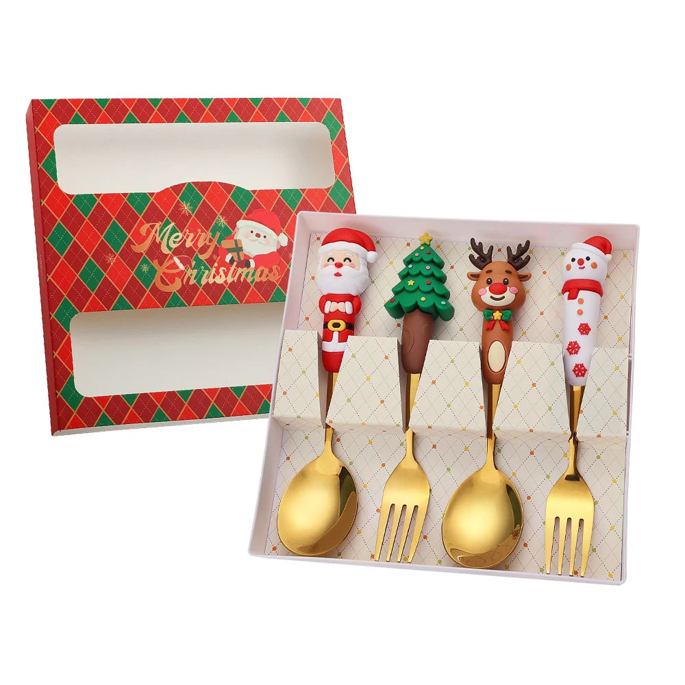 Weihnachtsbesteck Edelstahl 2/4er Set - Dessertgabel & Kaffeelöffel in Luxus Geschenkbox