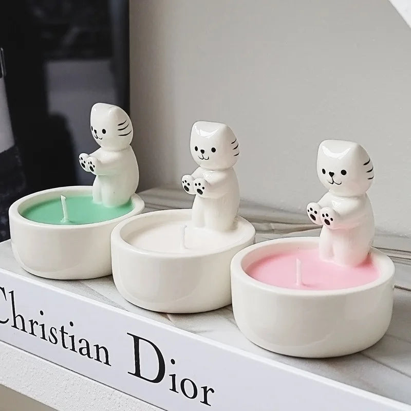 Keramik Kerzenhalter Katze - Handgefertigte Deko mit Cartoon-Design