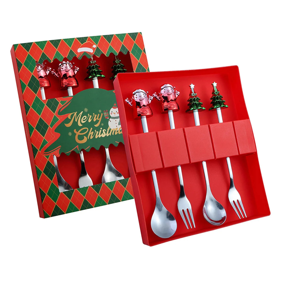 Weihnachtsbesteck 4-teilig Edelstahl - Festliche Löffel & Gabel mit Weihnachtsmotiven