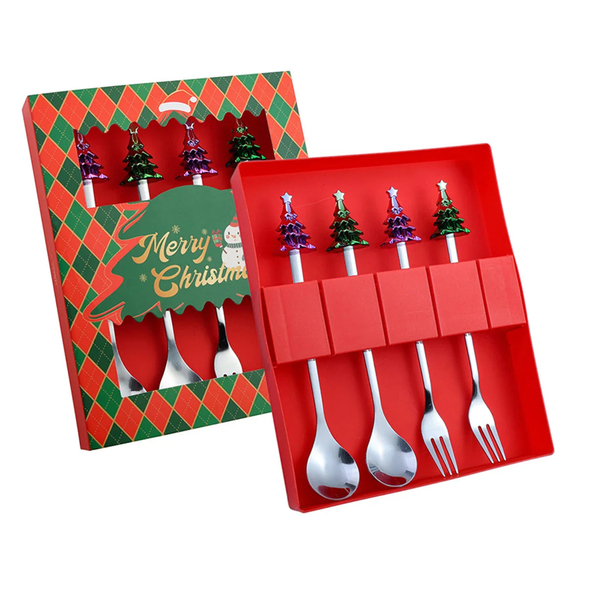 Weihnachtsbesteck 4-teilig Edelstahl - Festliche Löffel & Gabel mit Weihnachtsmotiven