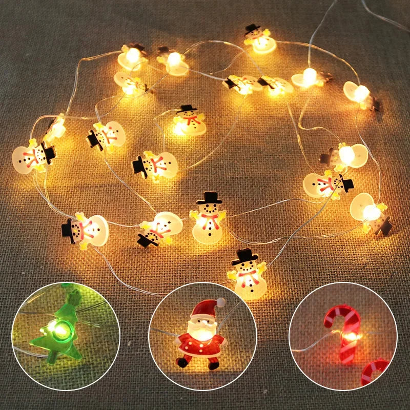 LED Weihnachts-Lichterkette 2M mit 20 LEDs - Batteriebetrieben mit Weihnachtsmann & Schneeflocken
