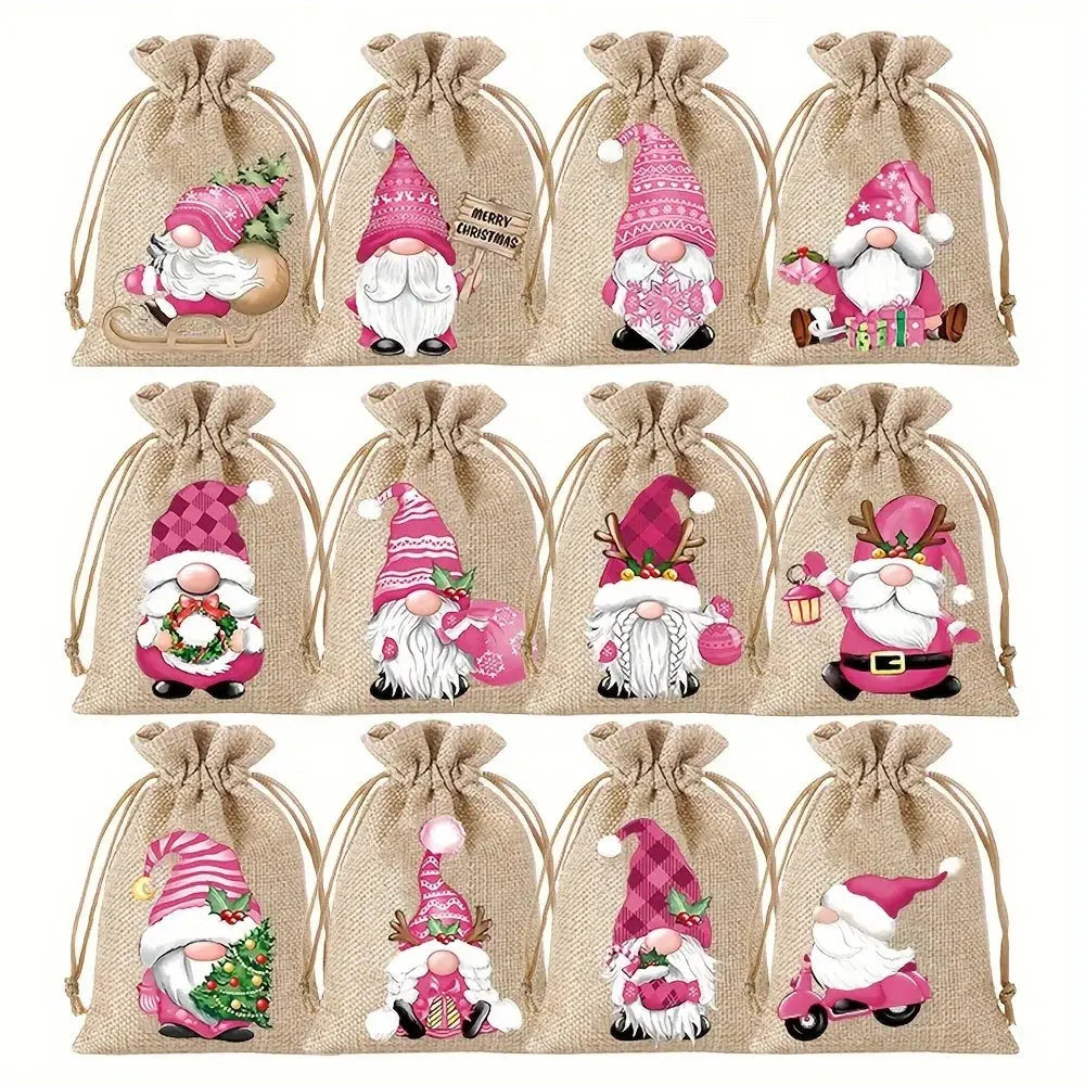12-teiliges Set, 13 x 18 cm, neue Weihnachts-Geschenktüten aus Leinen mit Kordelzug, Schmuck-Geschenktüten, Party-Geschenkbeutel mit Kordelzug in zufälligen Mustern Wunderweltdeko
