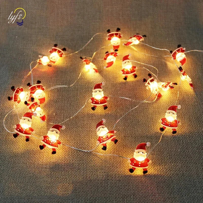 LED Weihnachts-Lichterkette 2M mit 20 LEDs - Batteriebetrieben mit Weihnachtsmann & Schneeflocken