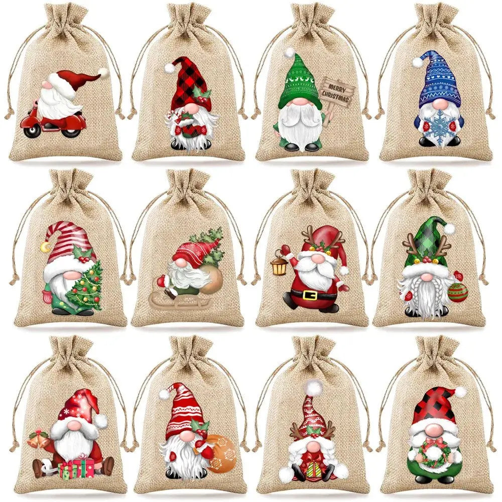 12-teiliges Set, 13 x 18 cm, neue Weihnachts-Geschenktüten aus Leinen mit Kordelzug, Schmuck-Geschenktüten, Party-Geschenkbeutel mit Kordelzug in zufälligen Mustern Wunderweltdeko