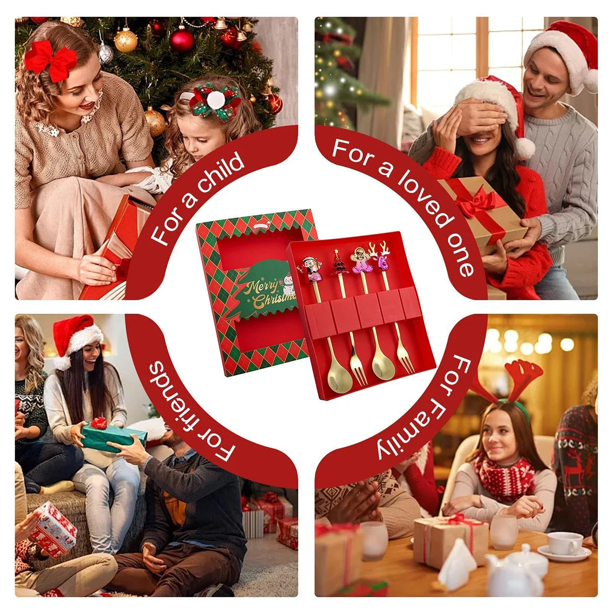 Weihnachtsbesteck 4-teilig Edelstahl - Festliche Löffel & Gabel mit Weihnachtsmotiven