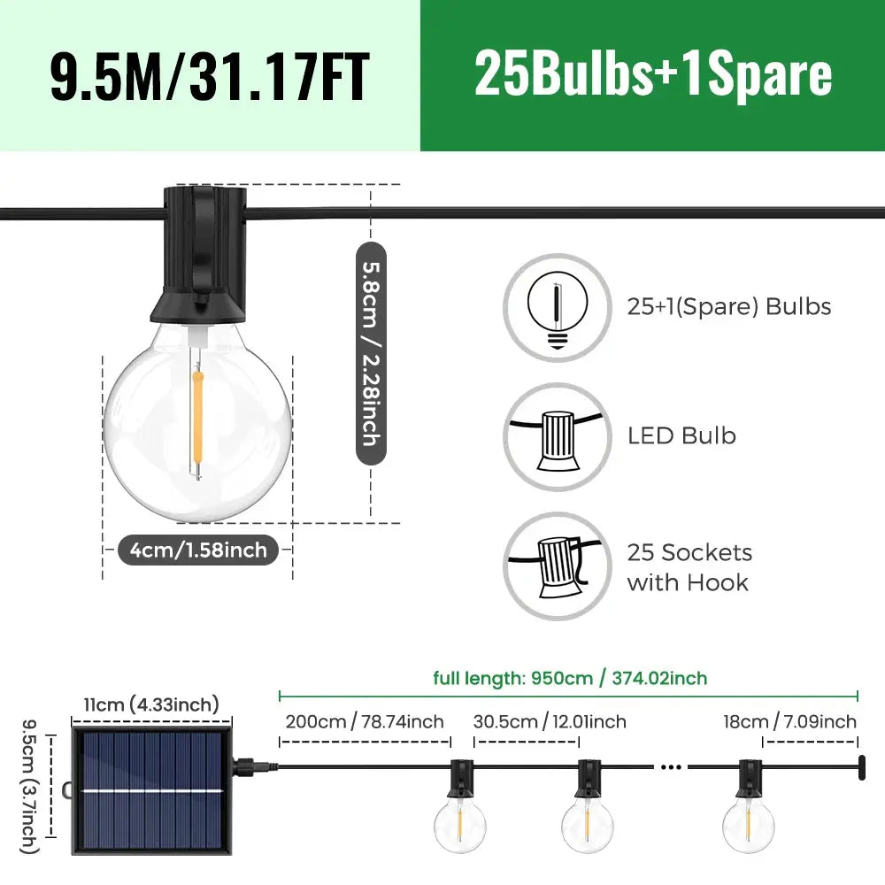 G40 LED-Solar-Lichterkette in Warmweiß mit Fernbedienung und 8 Blinkmodi – einstellbare Helligkeit, wetterbeständig für Ga Wunderweltdeko