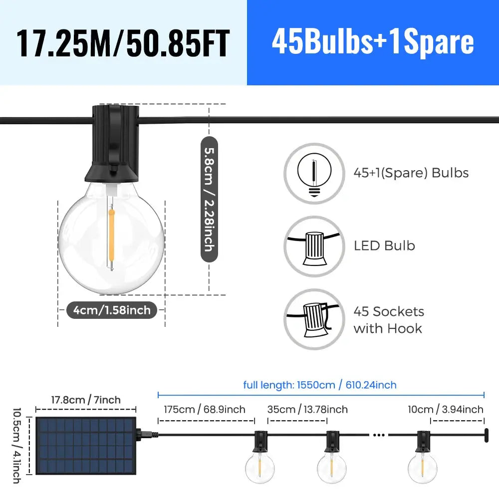 G40 LED-Solar-Lichterkette in Warmweiß mit Fernbedienung und 8 Blinkmodi – einstellbare Helligkeit, wetterbeständig für Ga Wunderweltdeko