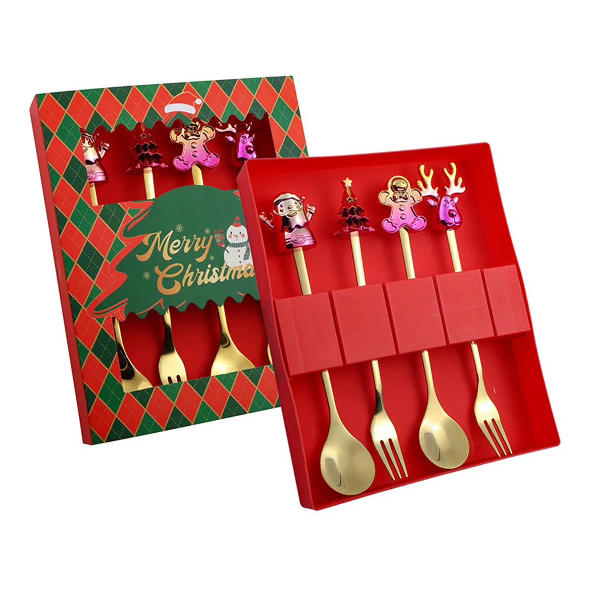 Weihnachtsbesteck 4-teilig Edelstahl - Festliche Löffel & Gabel mit Weihnachtsmotiven