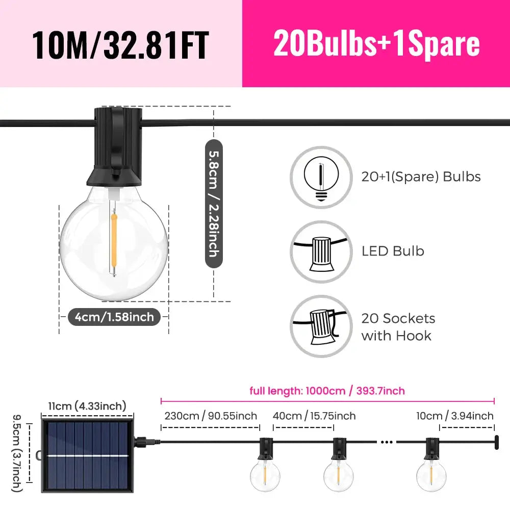 G40 LED-Solar-Lichterkette in Warmweiß mit Fernbedienung und 8 Blinkmodi – einstellbare Helligkeit, wetterbeständig für Ga Wunderweltdeko
