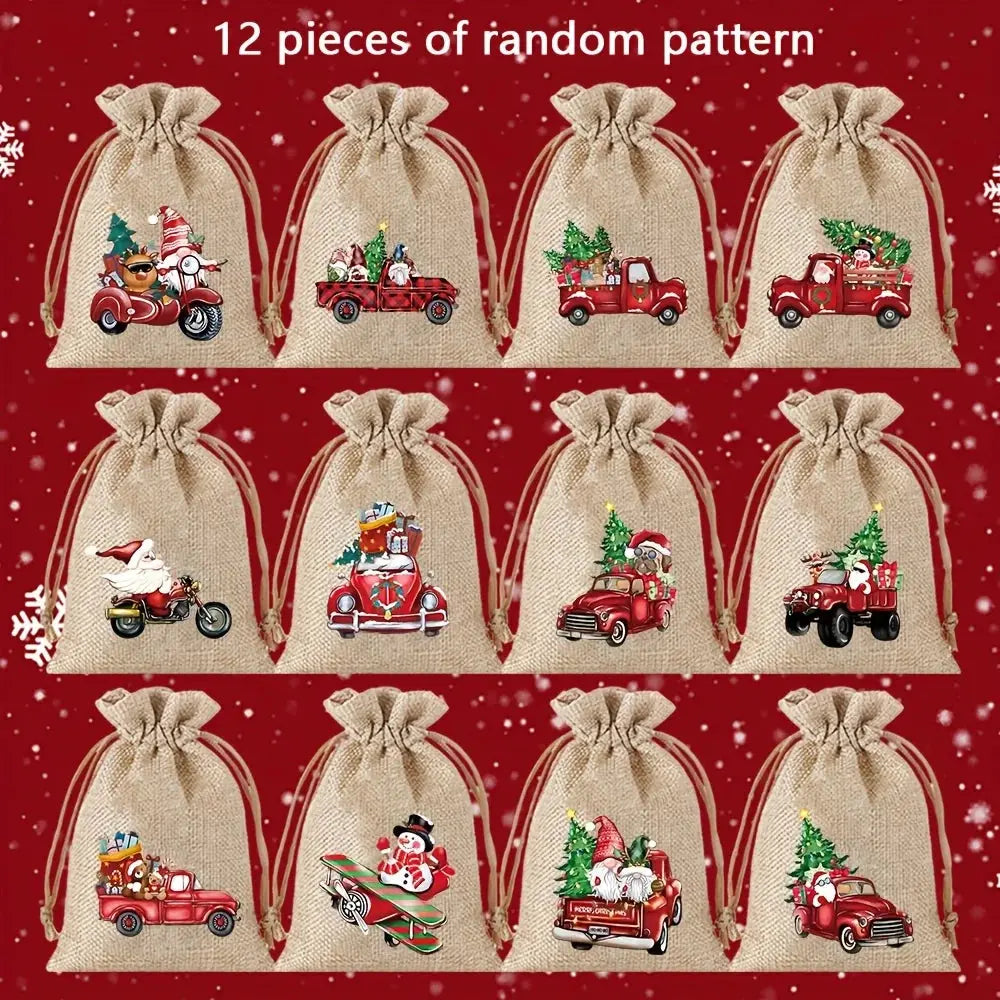 12-teiliges Set, 13 x 18 cm, neue Weihnachts-Geschenktüten aus Leinen mit Kordelzug, Schmuck-Geschenktüten, Party-Geschenkbeutel mit Kordelzug in zufälligen Mustern Wunderweltdeko