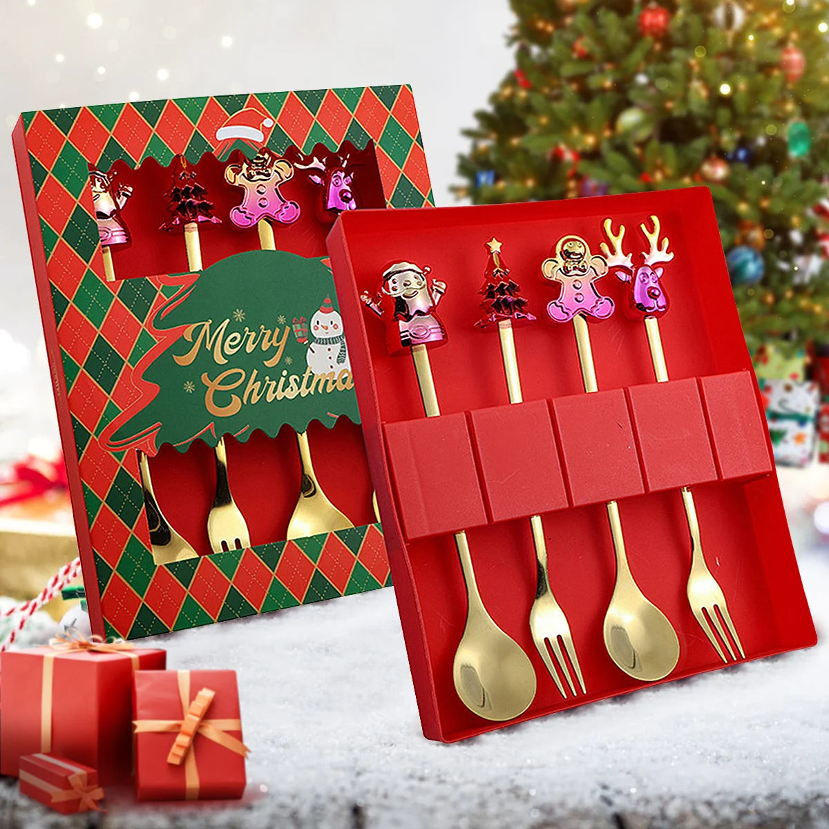 Weihnachtsbesteck 4-teilig Edelstahl - Festliche Löffel & Gabel mit Weihnachtsmotiven