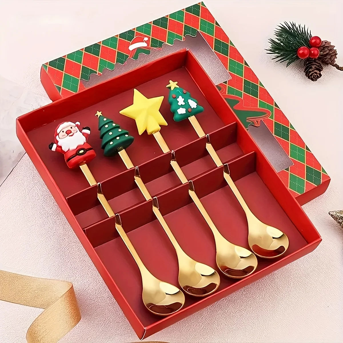 Weihnachtsbesteck Set 2/4/6-teilig Edelstahl - Kreative Dessertgabeln & Kaffeelöffel Geschenkset