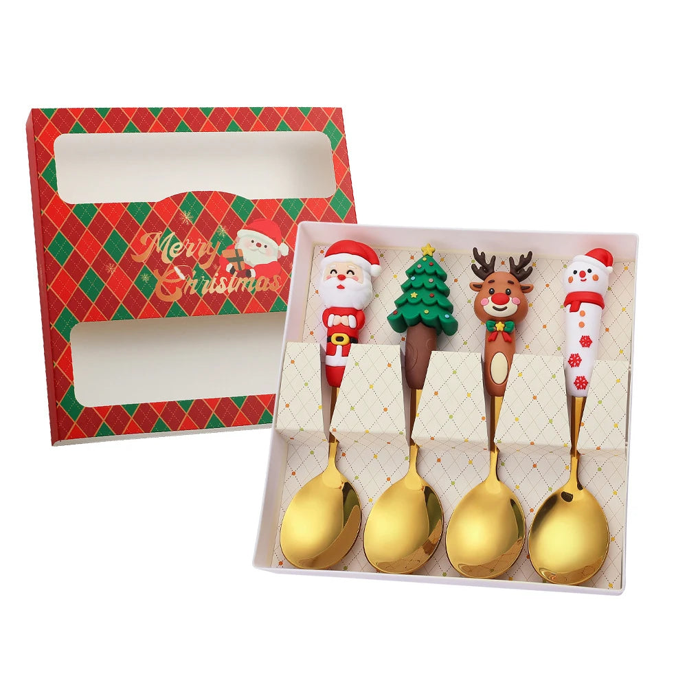 Weihnachtsbesteck Edelstahl 2/4er Set - Dessertgabel & Kaffeelöffel in Luxus Geschenkbox