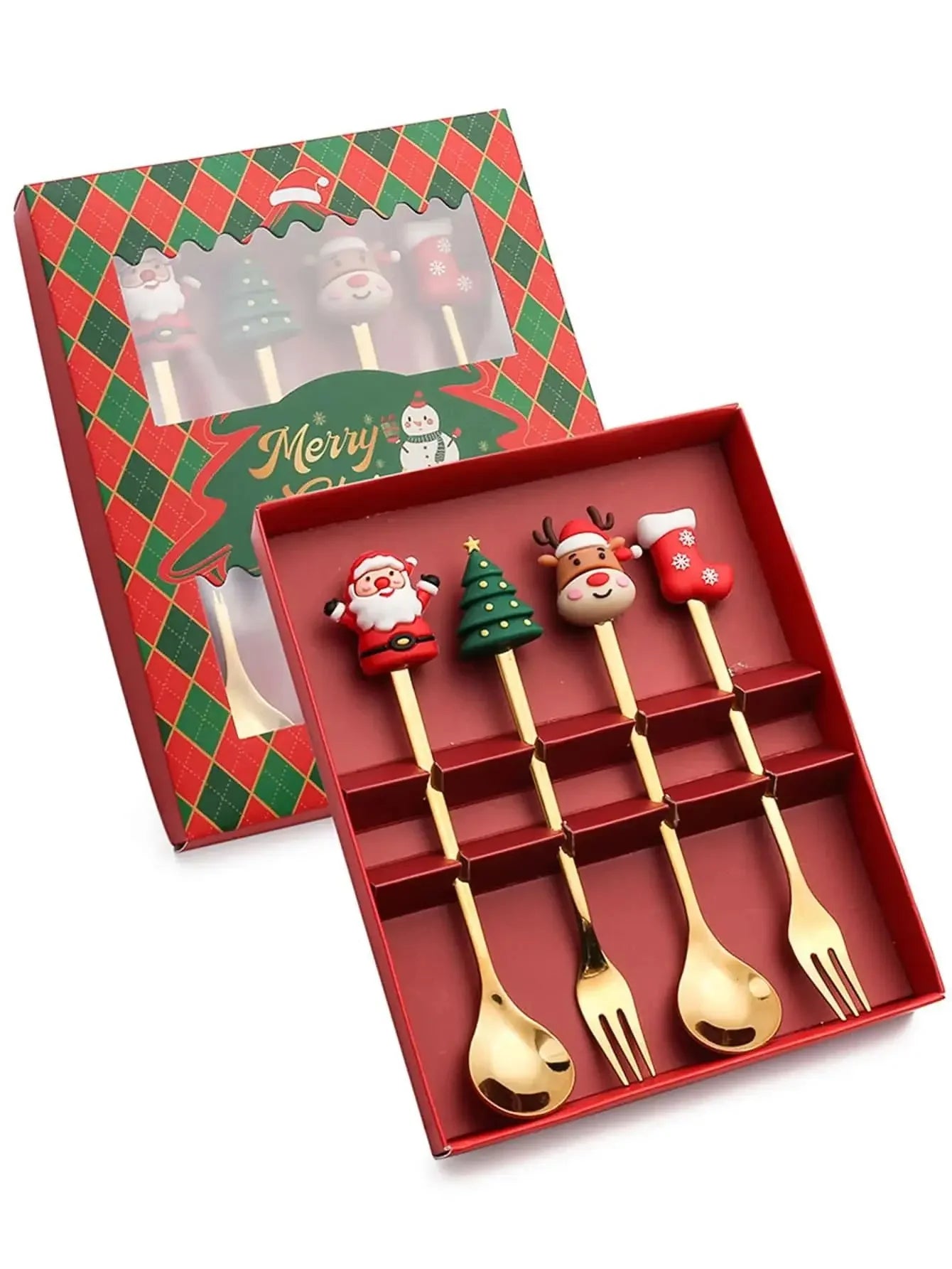 Weihnachtsbesteck Set 2/4/6-teilig Edelstahl - Kreative Dessertgabeln & Kaffeelöffel Geschenkset